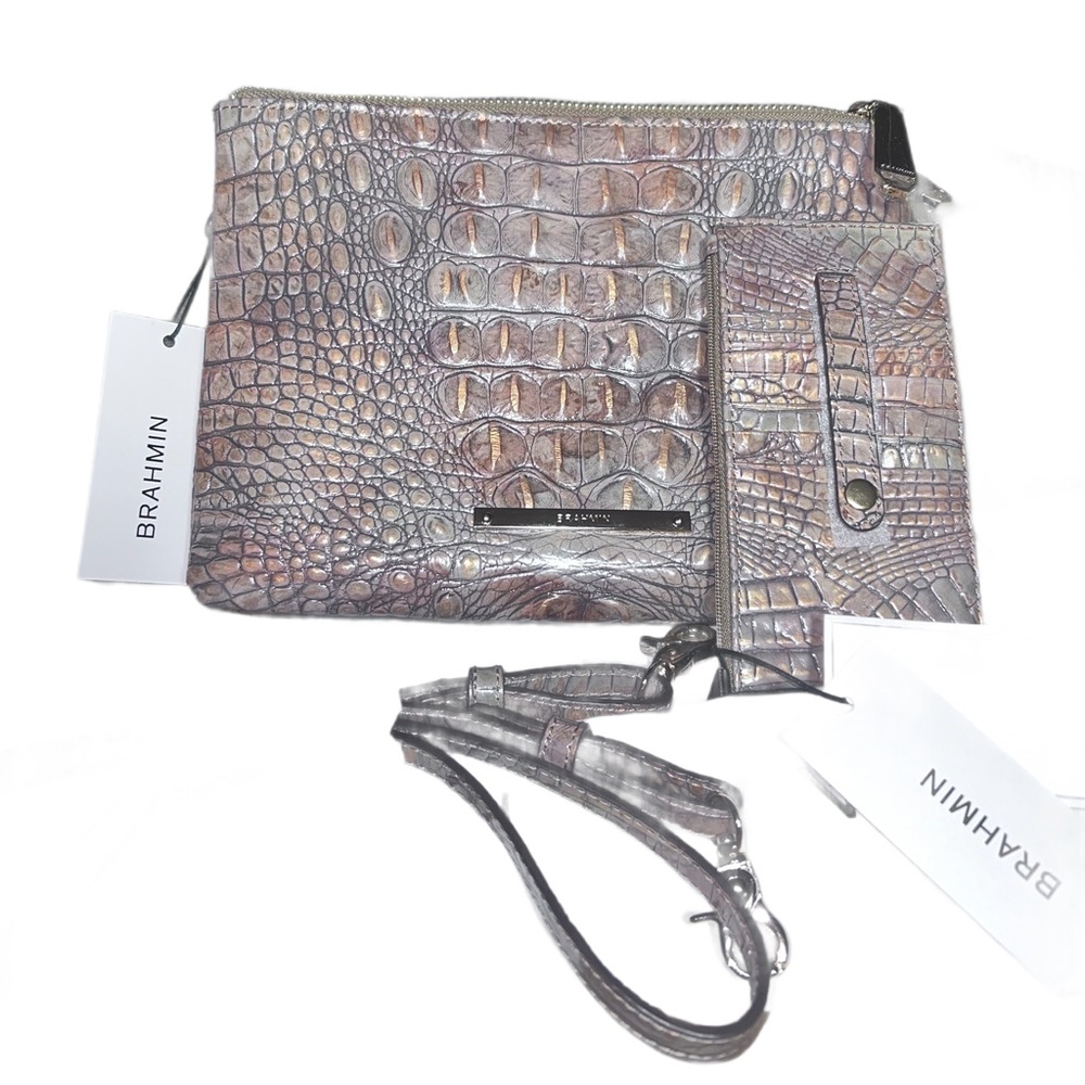 RIESLING Brahmin PERRI Taupe Grey Brown Gold CROSSBODY with Credit Card Holder